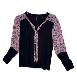 Zero 2 Eight | Black Pink Paris Print Neck Tie Top, XL